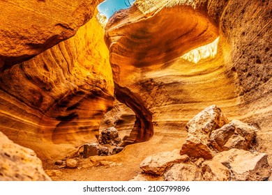 Amazing orange canyon called Barranco de las vacas located in heart of Grand Canaria, Canary Islands, Spain