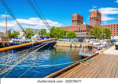 Amazing Oslo City Hall Seen From Oslo Harbor, Oslo Fjord, Norway