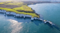Amazing Panorama Aerial View Of The Famous Old Harry Rocks, The Most Eastern Point Of The Jurassic Coast, A UNESCO World Heritage Site, UK