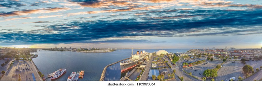 Amazing panoramic aerial view of Queen Mary, docked in Long Beach, California. - Shutterstock ID 1103093864