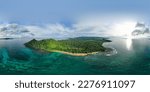 Amazing panoramic aerial view from the south coast from Sao Tome where we can see the  Inhame beach with the sun,shining at turqouise sea, Sao Tome e Principe,Africa