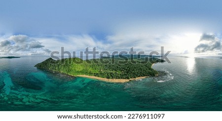 Amazing panoramic aerial view from the south coast from Sao Tome where we can see the  Inhame beach with the sun,shining at turqouise sea, Sao Tome e Principe,Africa Stock foto © 
