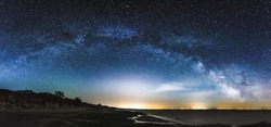 Amazing Panoramic Landscape View Of A Milky Way At Night Sky, With Grain