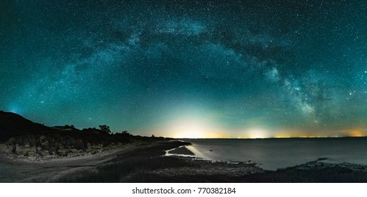 Amazing Panoramic Landscape View Of Milky Way Over Night Sky