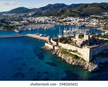 Amazing panoramic view from drone of Bodrum harbour and ancient Kalesi castle