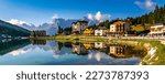 Amazing panoramic view of Misurina Lake and mountain range. Location: Lake Misurina, Dolomites Alps, South Tyrol, Italy, Europe. Artistic picture. Beauty world. Nature Landscape.