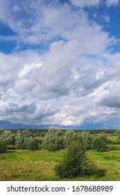 Amazing perfect morning landscape in scenic countryside of Ukraine. Aerial vista view at horizon line, meadows, green forests and peaceful cloudy sky. Vertical photography.