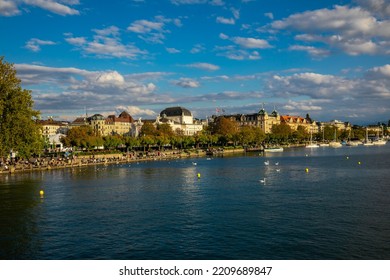 Amazing Photo City Zürich In Switzerland - River Buildings And Beautiful Blue Sky With Clouds. Best Travel Place In Europe.