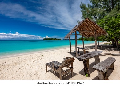 Amazing Port Orly sandy beach with palm trees, Espiritu Santo Island, Vanuatu. - Shutterstock ID 1418581367