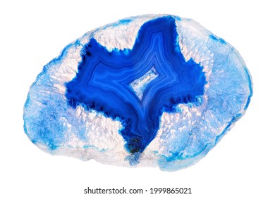 Amazing rare Blue Agate Crystal cross section isolated on white background. Natural translucent agate crystal surface, Blue abstract marine star structure slice mineral stone macro closeup