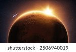 Amazing red planet Mars with craters and beautiful yellow sunset in space with stars. New planet Mars. Travel to Mars, creative idea