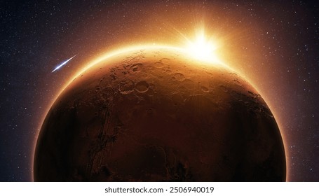 Amazing red planet Mars with craters and beautiful yellow sunset in space with stars. New planet Mars. Travel to Mars, creative idea