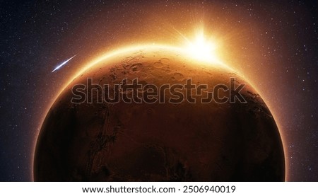 Amazing red planet Mars with craters and beautiful yellow sunset in space with stars. New planet Mars. Travel to Mars, creative idea