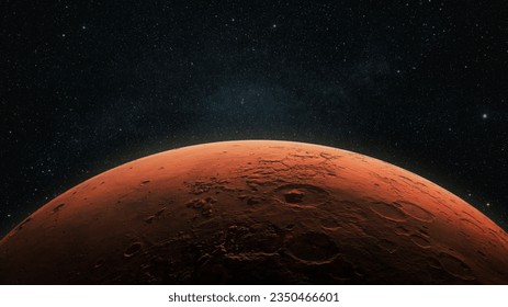 Amazing red planet Mars in deep stellar space. Journey to Mars Concept. Mars in the starry sky. Red planet in space