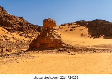 Amazing rock formation in the shape of a hedgehog  at Tamezguida. Tadrart mountain, Acacus range. Tassili N'Ajjer National Park. Algeria, Africa   - Shutterstock ID 2264924251