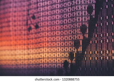 Amazing romantic sunset in window behind silhouettes of tulle texture. Wonderful pink orange violet dawn sky from window through patterned curtain. Cosiness background of scenic sunrise. Copy space. - Powered by Shutterstock