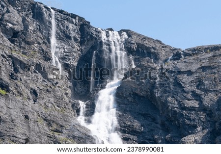 Amazing scenic landscape around famous troll road in Norway. Lots of nice waterfalls around the troll's ladder. Water foaming down the mountains. Gorgeous waterfalls of Norway!