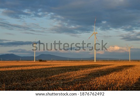 Similar – Landscape shot with wind turbines between fields and four flying cranes in front of a blue sky