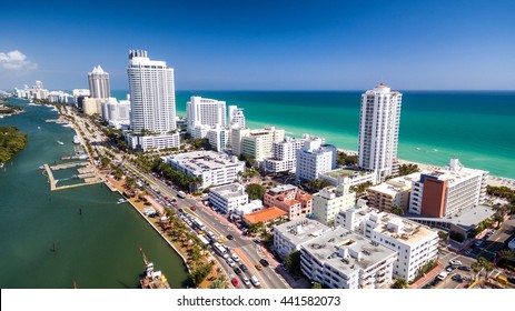 Amazing Skyline Of Miami South Beach, Aerial View.