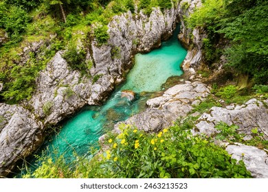 Amazing Soca river gorge in Slovenian Alps. Great Soca Gorge (Velika korita Soce), Triglav National park, Slovenia. Great canyon of Soca river, Bovec, Slovenia. Soca Gorge in Triglav National Park. - Powered by Shutterstock