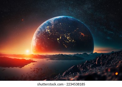 Amazing space planet Mars landscape with mountains and water at sunset with starry sky and big planet earth with lights of night cities. Creative future space concept. 