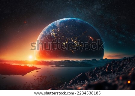 Amazing space planet Mars landscape with mountains and water at sunset with starry sky and big planet earth with lights of night cities. Creative future space concept. 