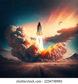 Amazing space shuttle rocket with smoke and blastoff is successfully launched into the starry sky.  Red planet mars with desert, mountains successfully take off spacecraft. Creative rocket concept 
