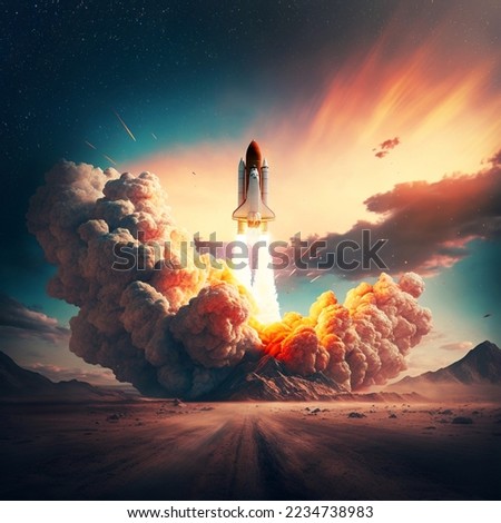 Amazing space shuttle rocket with smoke and blastoff is successfully launched into the starry sky.  Red planet mars with desert, mountains successfully take off spacecraft. Creative rocket concept 