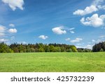 Amazing spring or summer morning landscape - countryside with grassfield, forest and blue sky with white clouds. Nature background with copy space for your design. Sunny day in Czech Republic, Europe.