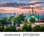 Amazing summer sunrise of Kiev Pechersk Lavra Orthodox Monastery. Impressive morning view of Kiev, capital of Ukraine, Europe. Traveling concept background.