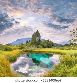 Amazing summer view on Zelenci lake with beautiful reflections in water. Nature scenery in Triglav national park. Location: Triglav national park. Kranjska Gora, Slovenia, Europe. - Powered by Shutterstock