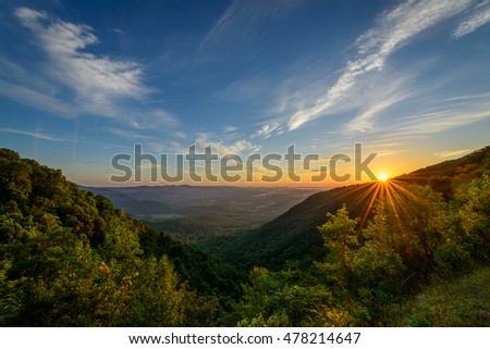 An amazing sunrise in the Blue Ridge Mountains at Lovers Leap near Meadows of Dan Virginia.