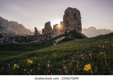 Amazing sunrise morning view of Cinque Torri, Dolomites, South Tyrol, Italy. Famous rock formation Cinque Torri near Cortina d'Ampezzo, Italian Dolomiti. Unesco protected moutain landscape.