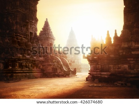 Amazing sunrise at Prambanan Temple. Great Hindu architecture in Yogyakarta. Java island, Indonesia