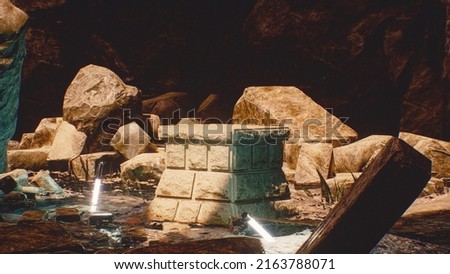 Amazing sunrise at stone podium in cave with water and lights. product display High quality 3d illustration. Fantasy landscape cave abstract.