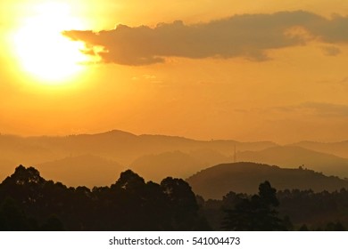 Amazing Sunset In African Congo, Wild And Nature In Africa, Beautiful Landscape View, Green Jungle And Mountains