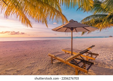 Amazing Sunset Beach. Romantic Couple Chairs Umbrella. Tranquil Togetherness Love Concept Scenery, Relax Beach, Beautiful Landscape Design. Getaway Tropical Island Shore, Palm Leaves, Idyllic Sea View