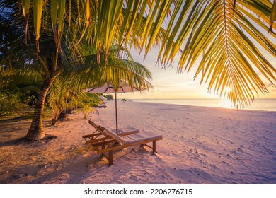 Amazing Sunset Beach. Romantic Couple Chairs Umbrella. Tranquil Togetherness Love Concept Scenery, Relax Beach, Beautiful Landscape Design. Getaway Tropical Island Shore, Palm Leaves, Idyllic Sea View