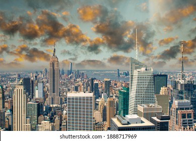 Amazing Sunset Of Manhattan Skyscrapers, New York City Aerial View At Dusk