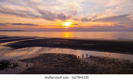 Amazing Sunset Or North Wales Towyn Beach Orange And Purple Sky