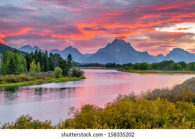 Amazing Sunset Over Grand Tetons Taken From The Oxbow Bend Turnout