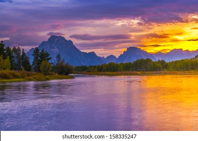 Amazing Sunset Over Grand Tetons Taken From The Oxbow Bend Turnout