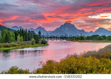 Amazing Sunset over Grand Tetons taken from the Oxbow Bend Turnout