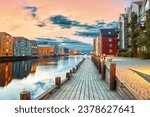 Amazing sunset over the Nidelva river in Trondheim, Norway