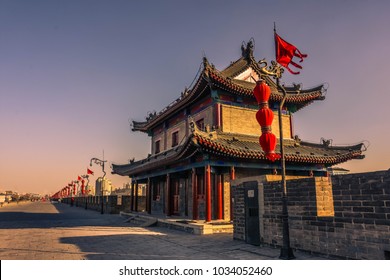 Amazing Sunset Over A Temple On The Xi'An Ancient City Walls, China