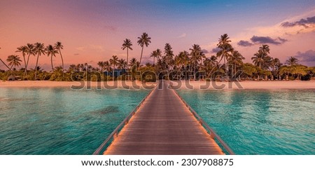 Amazing sunset panorama at Maldives. Luxury resort bridge pier with soft led lights under colorful sky clouds. Beautiful palm trees. Tranquil panoramic beach coast. Best vacation travel landscape