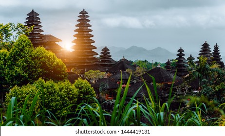 Amazing sunset at Pura Besakih, hindu temple of Bali, Indonesia