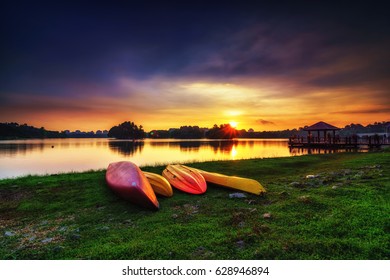 Amazing sunset view with dramatic sky at the lake