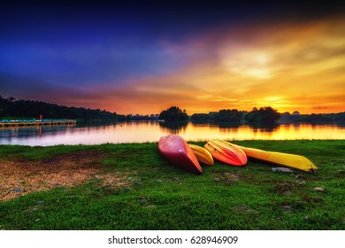 Amazing sunset view with dramatic sky at the lake