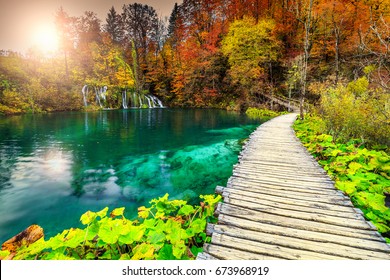 Amazing touristic wooden pathway in the colorful deep forest with clean lakes and spectacular waterfalls, Plitvice National Park, Croatia, Europe - Powered by Shutterstock